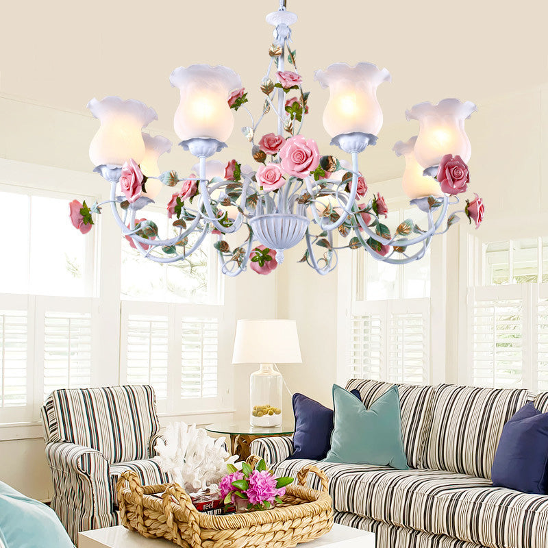 Metal White Chandelier Light Fixture Curvy Arm 3 Bulbs Pastoral Rose - Rebooters