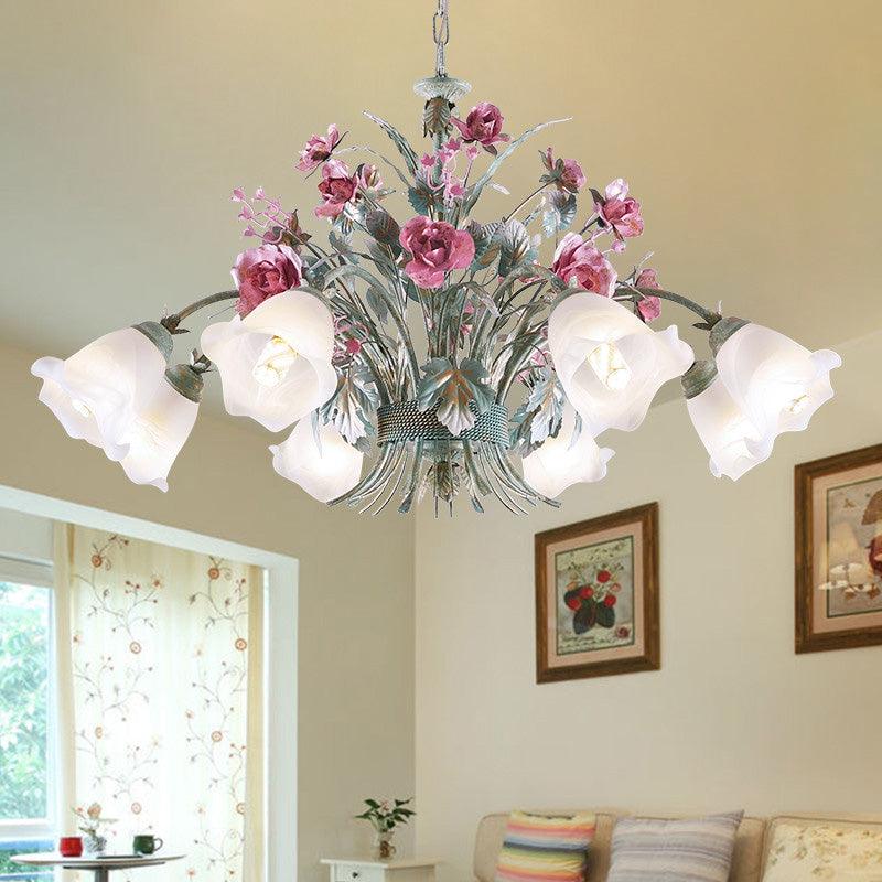 Aqua Floral Chandelier Lamp Pastoral Metal Living Room LED Ceiling Light - Rebooters