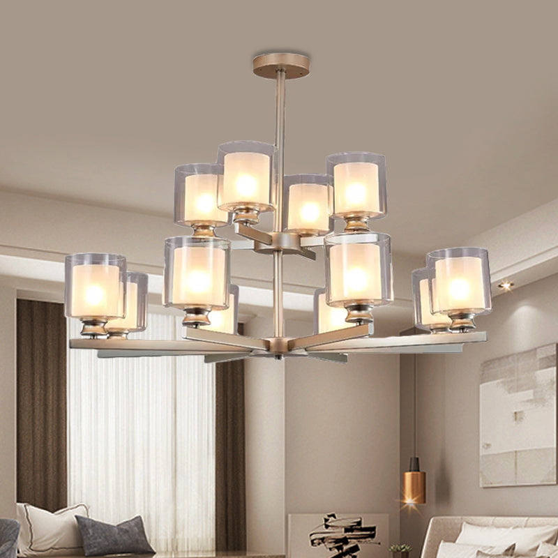 2-Tier Cylinder White Glass Chandelier with Radial Design - Rebooters