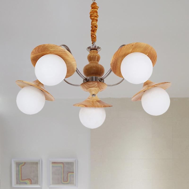 Modern Ball White Glass Chandelier 5 Lights Ceiling Pendant Fixture with Wooden Cap - Rebooters