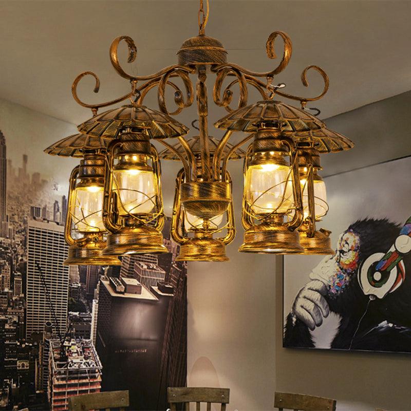 Aged Brass Lantern Suspension Light Village Style Chandelier - Rebooters