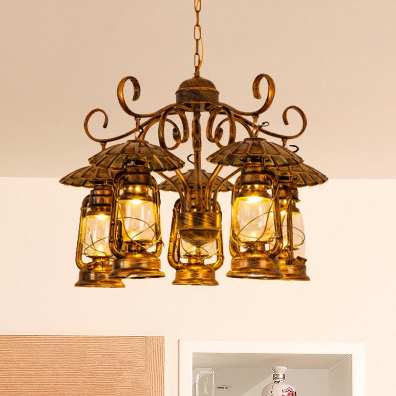 Aged Brass Lantern Suspension Light Village Style Chandelier - Rebooters