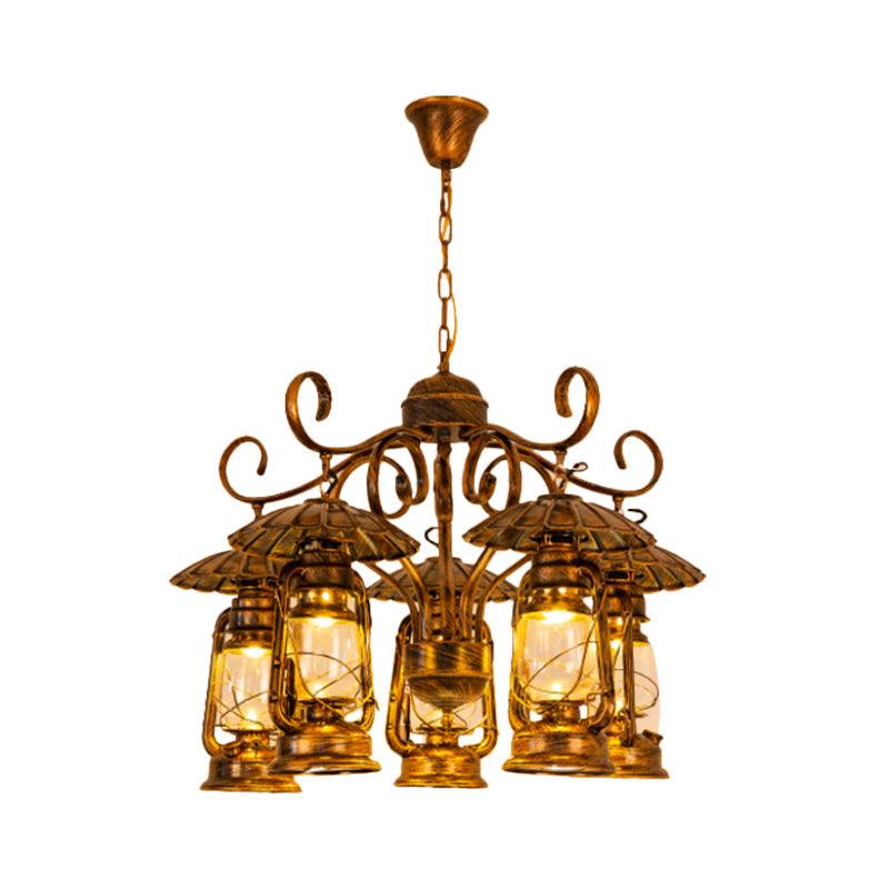 Aged Brass Lantern Suspension Light Village Style Chandelier - Rebooters