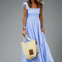 Emily Classic Checkered Ruffle Maxi Dress with Flowing Silhouette for Elegant Style Rebooters Maxi Women's Dresses