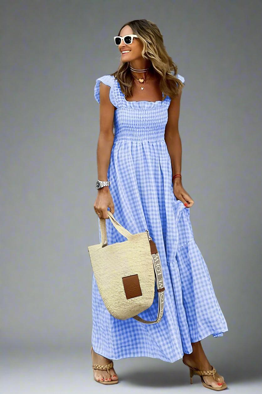 Emily Classic Checkered Ruffle Maxi Dress with Flowing Silhouette for Elegant Style Rebooters Maxi Women's Dresses
