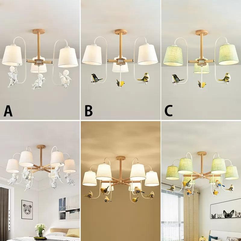 Modern Stylish Chandelier Light Tapered Shade Fabric Wood Hanging Light for Child Bedroom - Rebooters