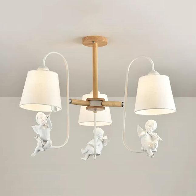 Modern Stylish Chandelier Light Tapered Shade Fabric Wood Hanging Light for Child Bedroom - Rebooters