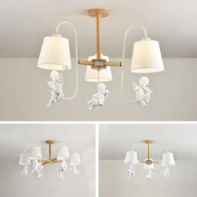 Modern Stylish Chandelier Light Tapered Shade Fabric Wood Hanging Light for Child Bedroom - Rebooters