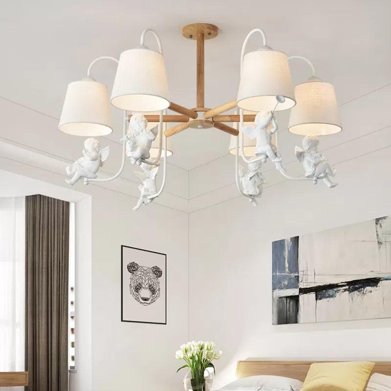 Modern Stylish Chandelier Light Tapered Shade Fabric Wood Hanging Light for Child Bedroom - Rebooters