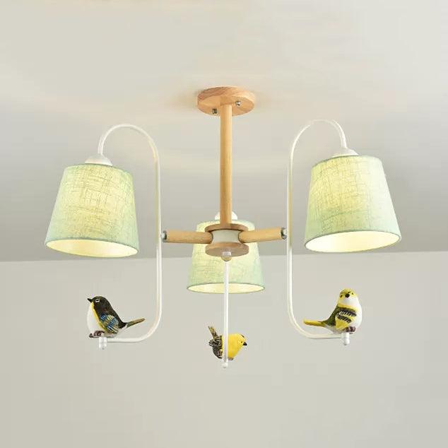 Modern Stylish Chandelier Light Tapered Shade Fabric Wood Hanging Light for Child Bedroom - Rebooters