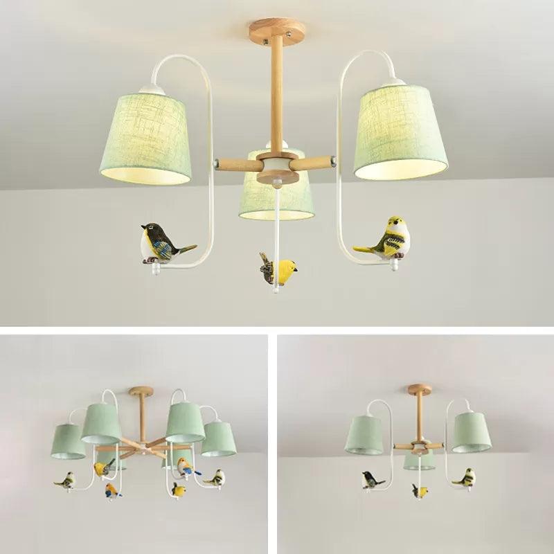 Modern Stylish Chandelier Light Tapered Shade Fabric Wood Hanging Light for Child Bedroom - Rebooters