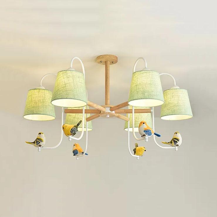 Modern Stylish Chandelier Light Tapered Shade Fabric Wood Hanging Light for Child Bedroom - Rebooters