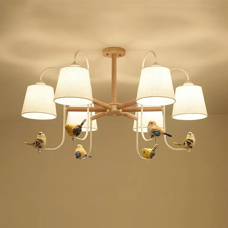 Modern Stylish Chandelier Light Tapered Shade Fabric Wood Hanging Light for Child Bedroom - Rebooters