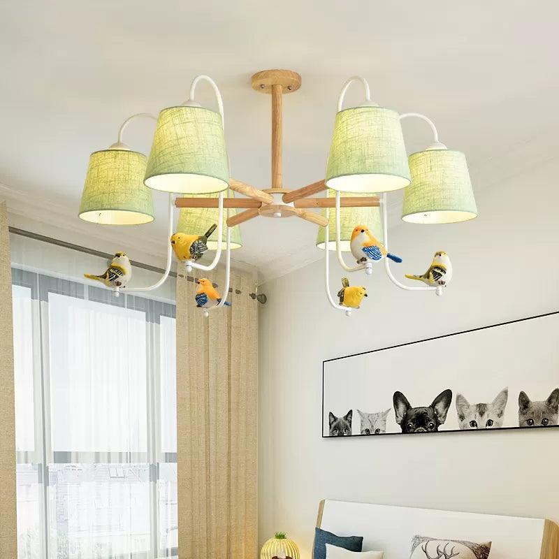 Modern Stylish Chandelier Light Tapered Shade Fabric Wood Hanging Light for Child Bedroom - Rebooters