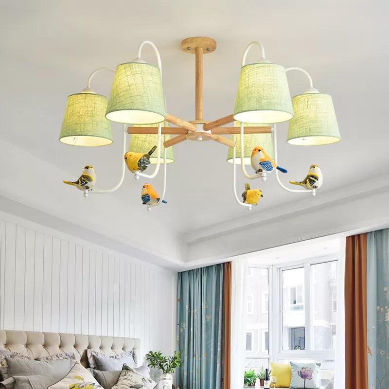 Modern Stylish Chandelier Light Tapered Shade Fabric Wood Hanging Light for Child Bedroom - Rebooters