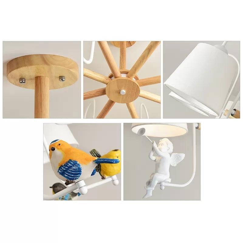 Modern Stylish Chandelier Light Tapered Shade Fabric Wood Hanging Light for Child Bedroom - Rebooters