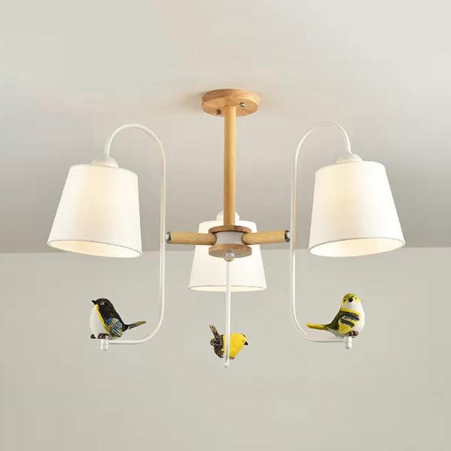 Modern Stylish Chandelier Light Tapered Shade Fabric Wood Hanging Light for Child Bedroom - Rebooters