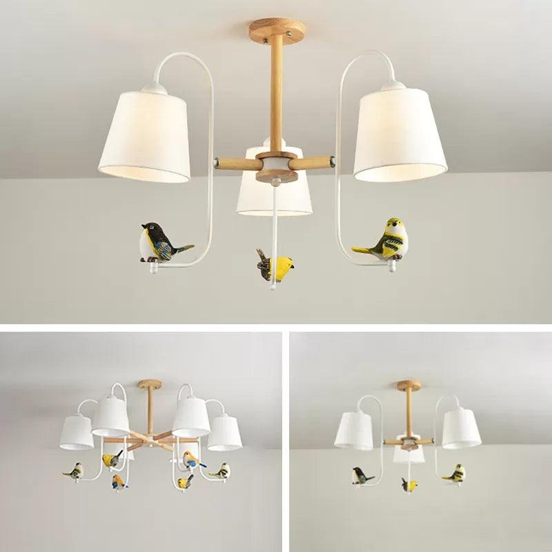 Modern Stylish Chandelier Light Tapered Shade Fabric Wood Hanging Light for Child Bedroom - Rebooters