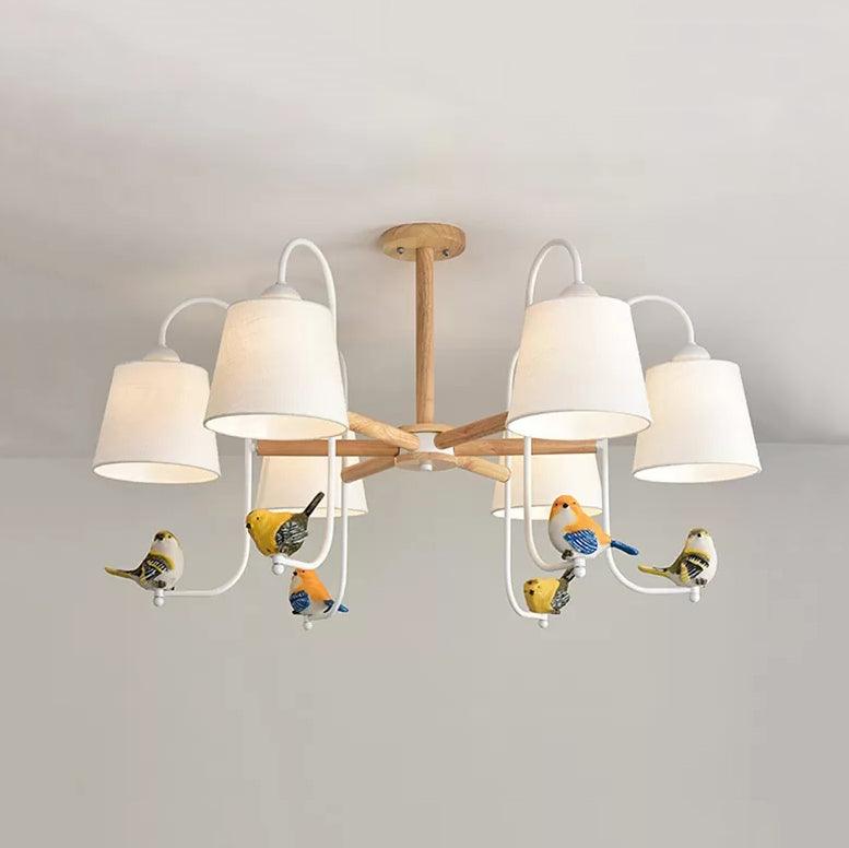 Modern Stylish Chandelier Light Tapered Shade Fabric Wood Hanging Light for Child Bedroom - Rebooters