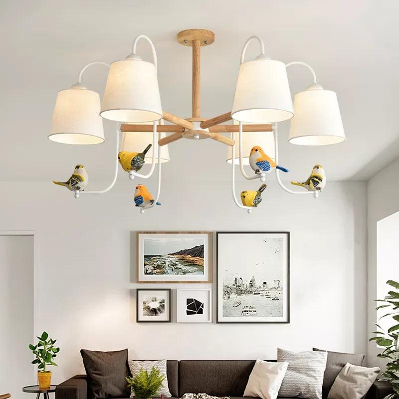Modern Stylish Chandelier Light Tapered Shade Fabric Wood Hanging Light for Child Bedroom - Rebooters