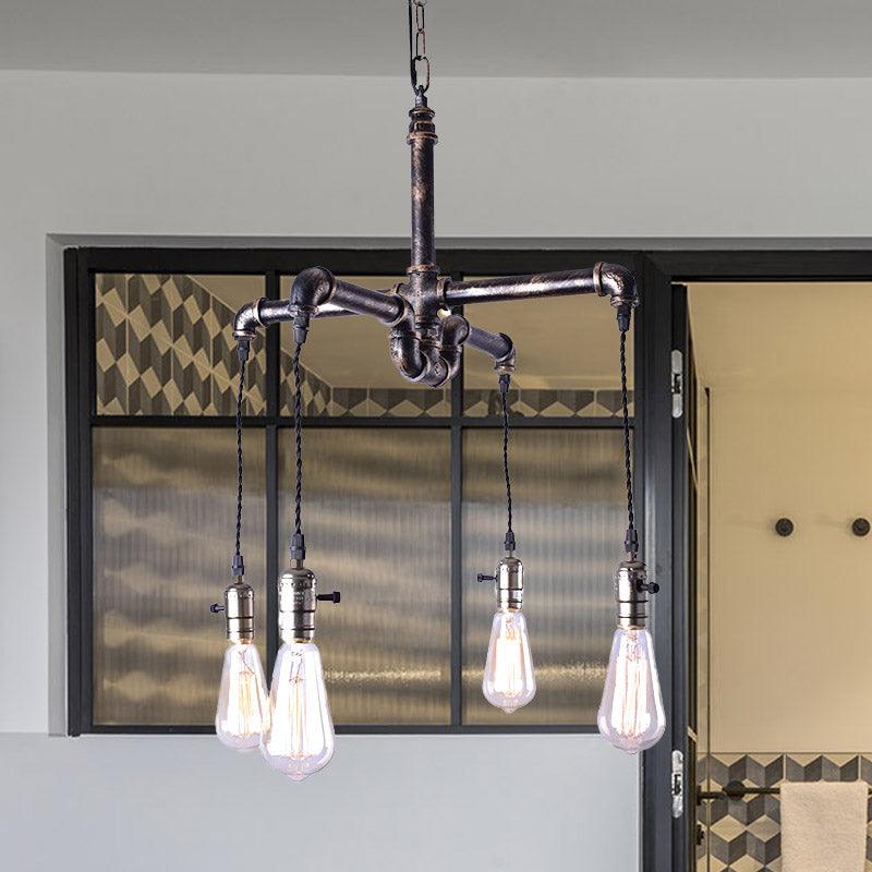 4 Bulbs Water Pipe Ceiling Light Rustic Stylish Antique Bronze Black Wrought Iron Chandelier Lamp - Rebooters
