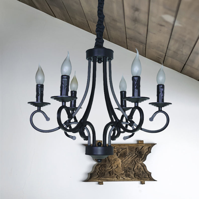 Vintage Style Exposed Chandelier Light with Candle 6 Heads Iron Ceiling Light Black - Rebooters