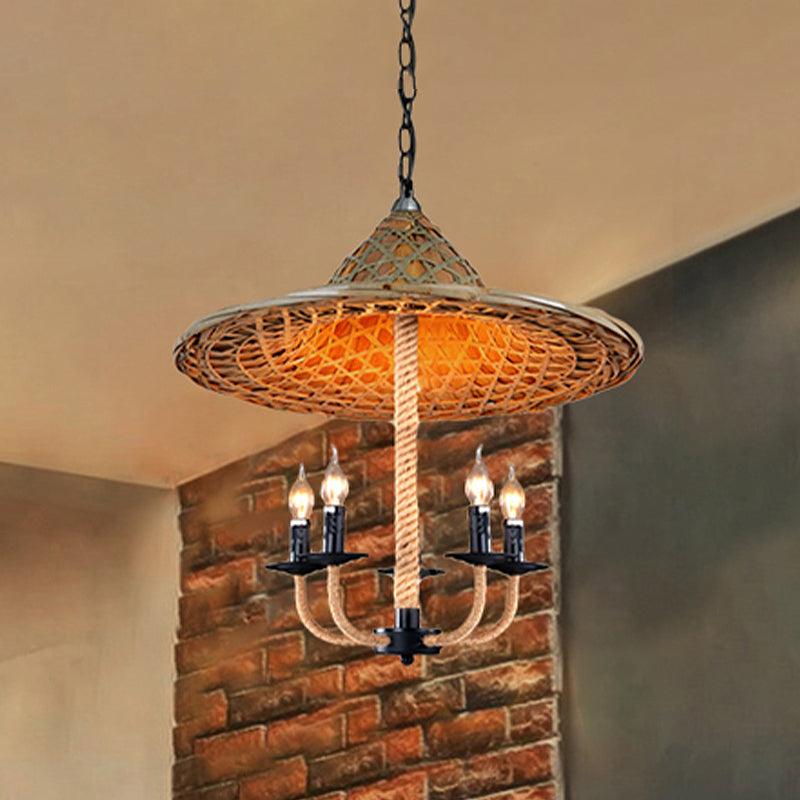 Candle Chandelier Lighting with Hat Design Lodge Style Rattan 5 Lights Beige Hanging Lamp - Rebooters