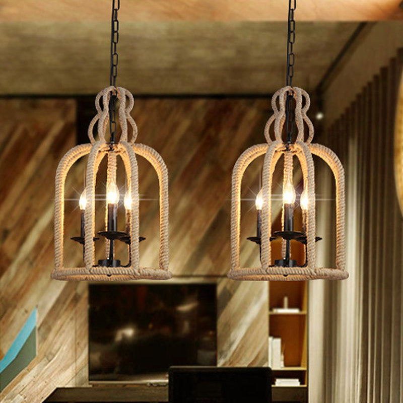 3 Heads Pendant Light Fixture Retro Style Birdcage Lamp Brown - Rebooters