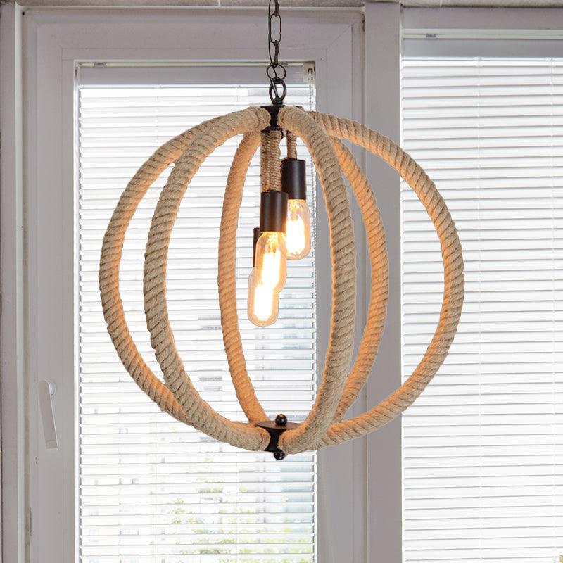 Orb Shade Hallway Chandelier Hanging Light Retro Style Hemp Rope 3 Lights Beige Ceiling Lamp - Rebooters
