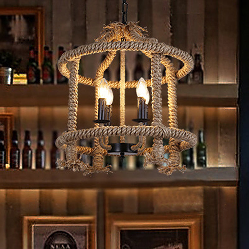 Roped Cage Shade Pendant Lamp Lodge Stylish 4 Lights Fixture - Rebooters