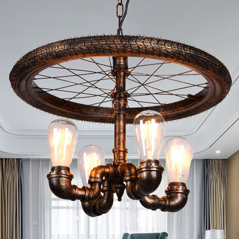 Wheel Design Living Room Chandelier Lamp Vintage Style Metal 4 Lights Rust Pendant Light - Rebooters