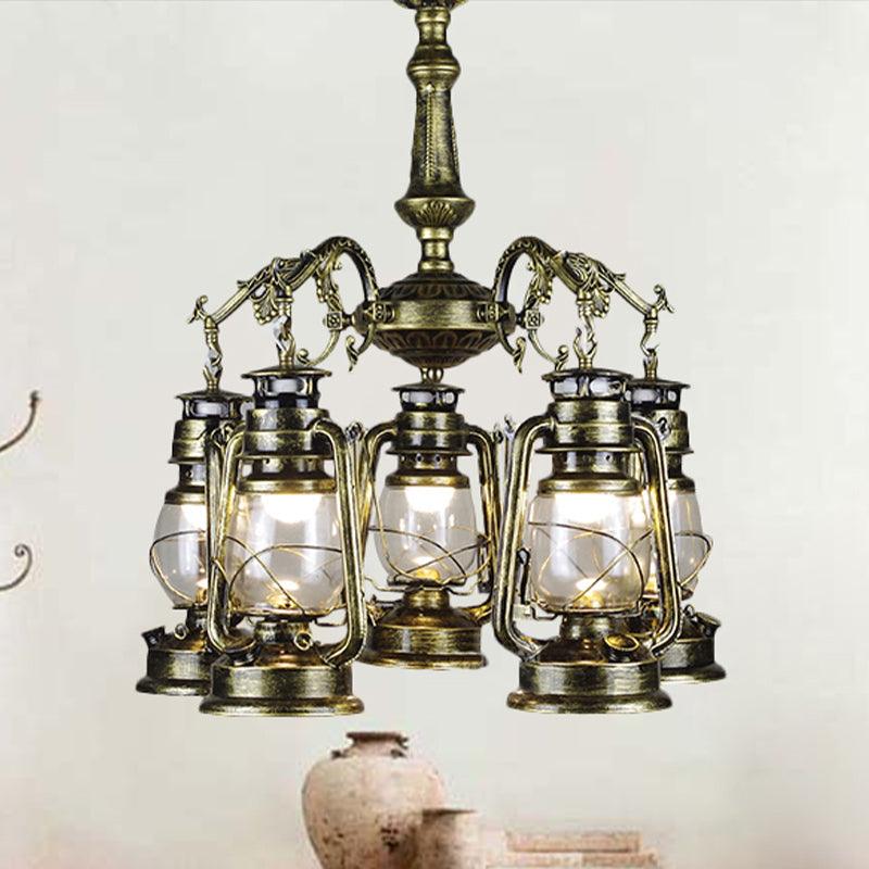 5 Lights Clear Glass Pendant Chandelier Antique Stylish Bronze Copper Kerosene Dining Room Fixture - Rebooters