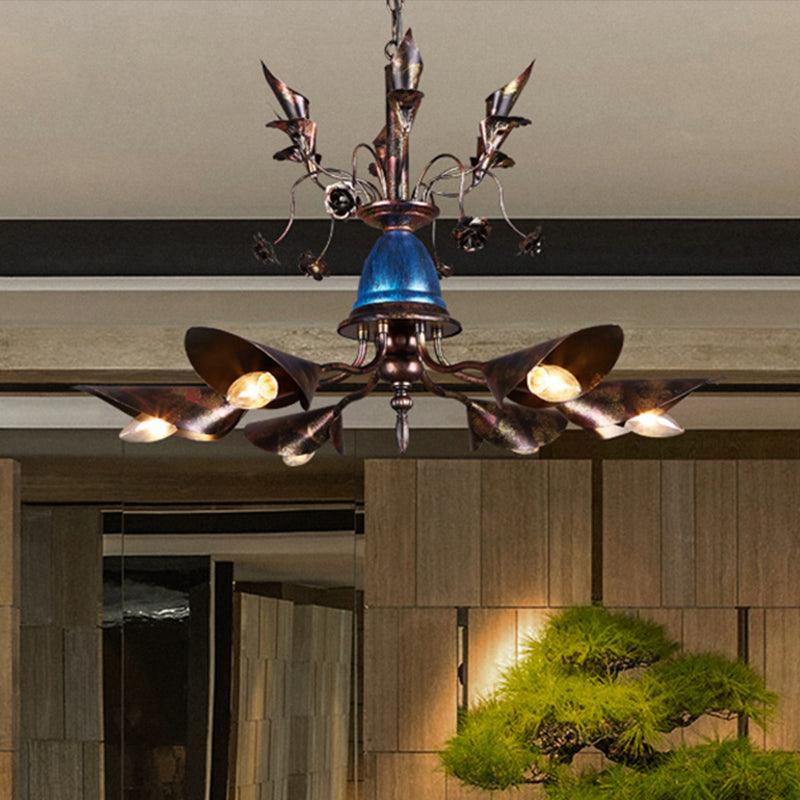 Villa Horn Shade Chandelier Metallic 6 Bulbs Classic Style Pendant Light in Rust - Rebooters