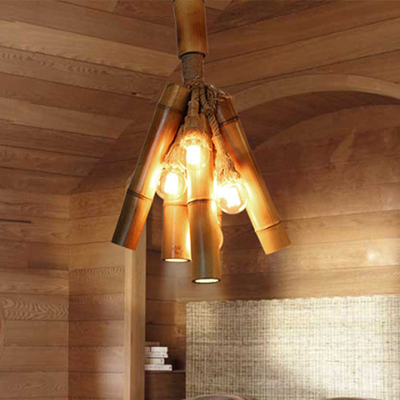 Wood Tube Hanging Lamp Three-Light Industrial Chandeliers Beige - Rebooters