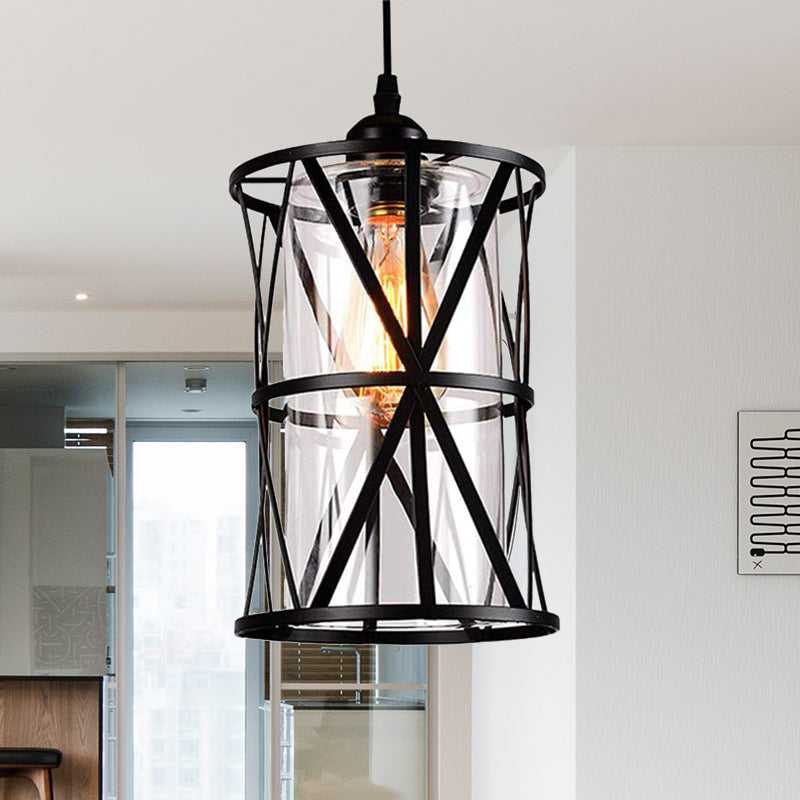 1 Light Pendant Lighting Industrial Cylinder Clear Glass Hanging Ceiling Light in Black with Iron Frame - Rebooters