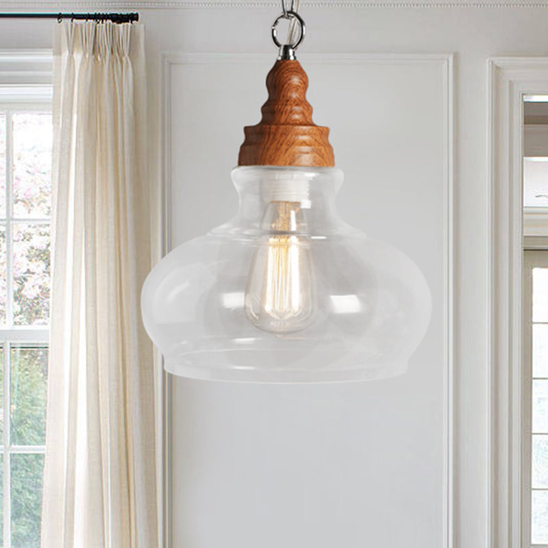 Wood 1 Light Hanging Ceiling Light Vintage Clear Glass Pendant - Rebooters