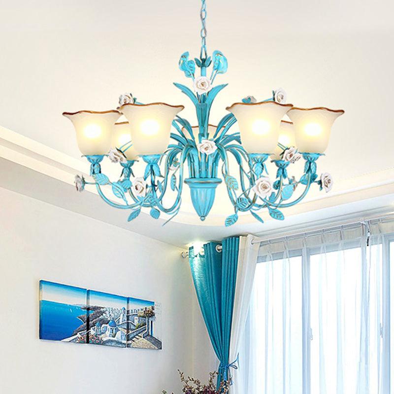 Pastoral Flared Chandelier Pendant Light 3/5/7 Heads Blue - Rebooters