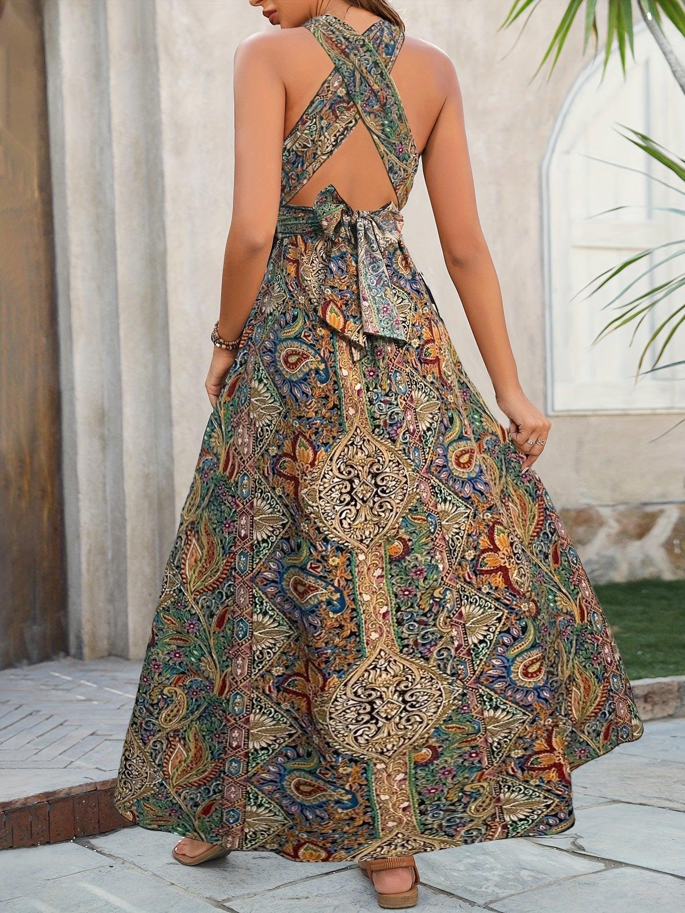 Emmie Women's Long Paisley-Print Dress with Open Back Rebooters Maxi Women's Dresses
