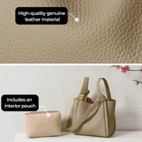 Beige genuine leather tote bag with interior pouch and gold hardware, on white background