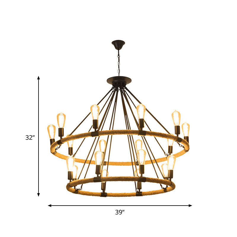 2-Tier Ring Rope Hanging Chandelier Industrial 18 Lights Beige - Rebooters