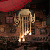 6 Lights Bare Bulb Pendant Chandelier Industrial Beige Rope Ceiling Lamp - Rebooters