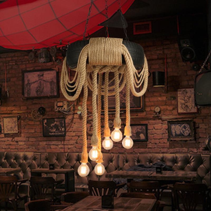 6 Lights Bare Bulb Pendant Chandelier Industrial Beige Rope Ceiling Lamp - Rebooters