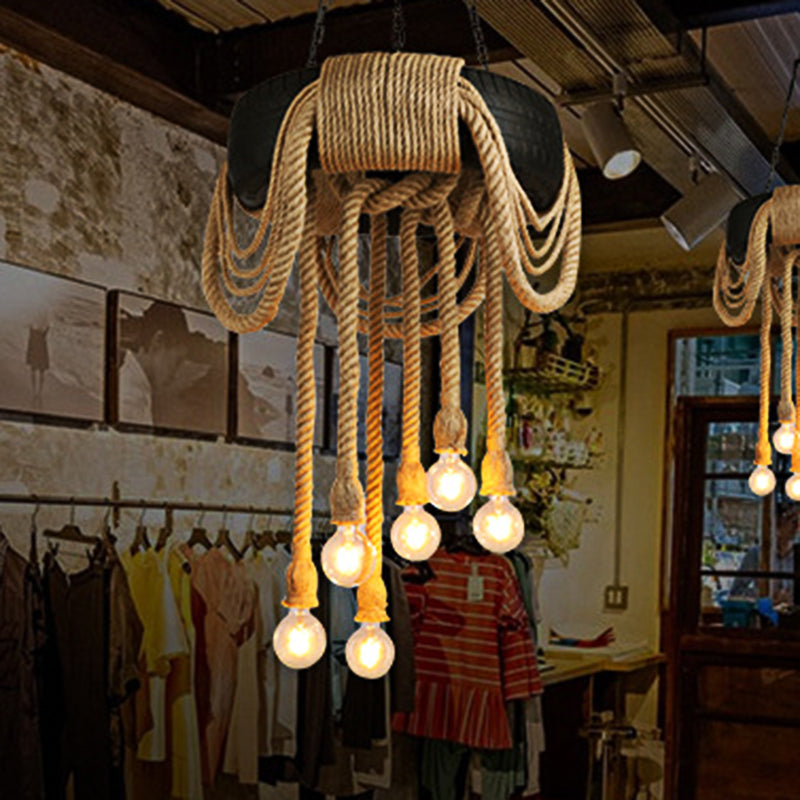 6 Lights Bare Bulb Pendant Chandelier Industrial Beige Rope Ceiling Lamp - Rebooters