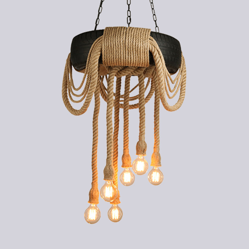 6 Lights Bare Bulb Pendant Chandelier Industrial Beige Rope Ceiling Lamp - Rebooters