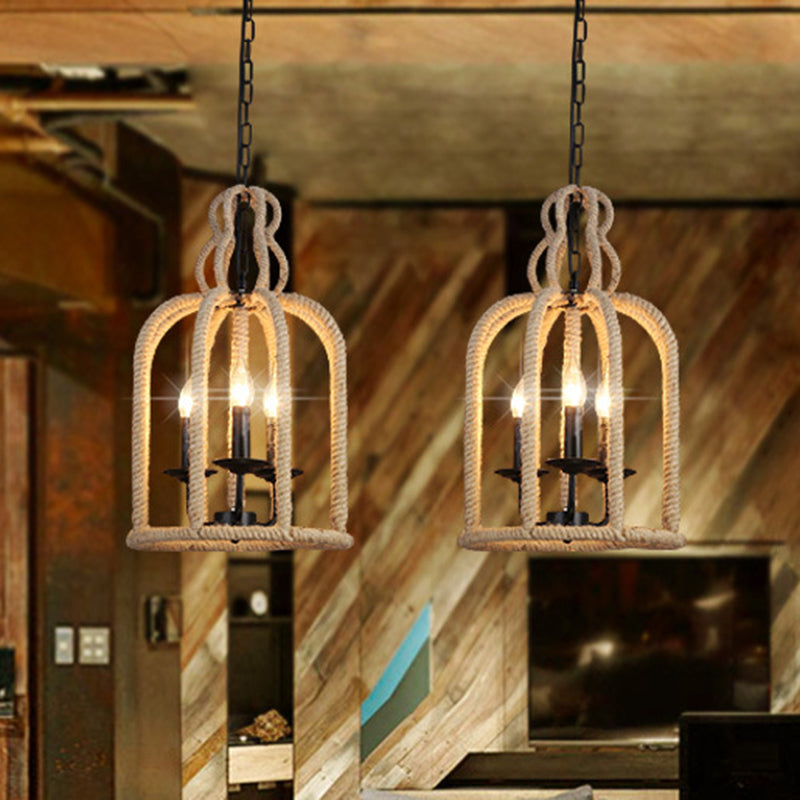 Beige 3 Heads Chandelier Light Industrial Rope Pendant Lamp - Rebooters