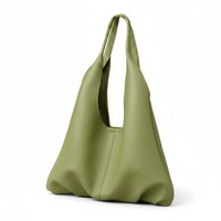 Sage green leather tote bag with modern minimalist design on white background