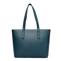 Teal leather tote bag with double handles on white background