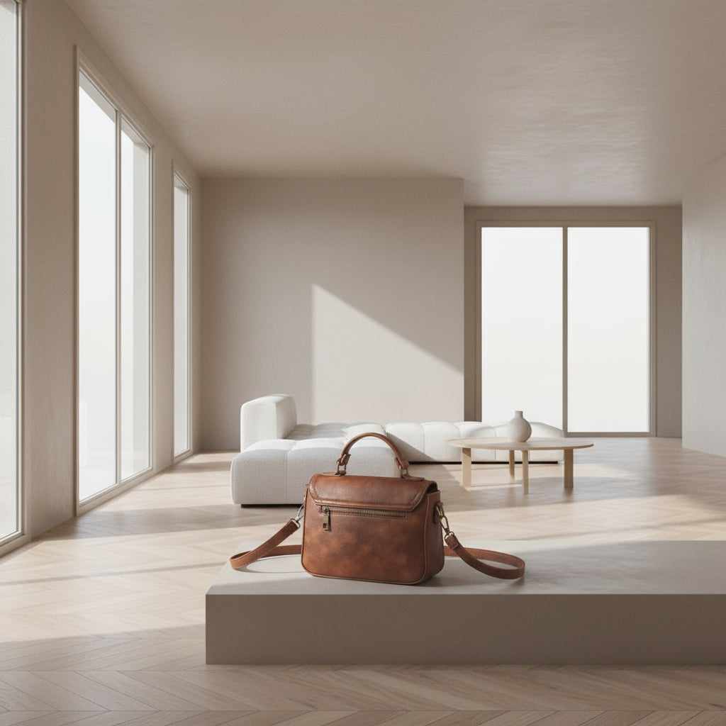 Brown leather handbag displayed in modern minimalist living room with white sofa