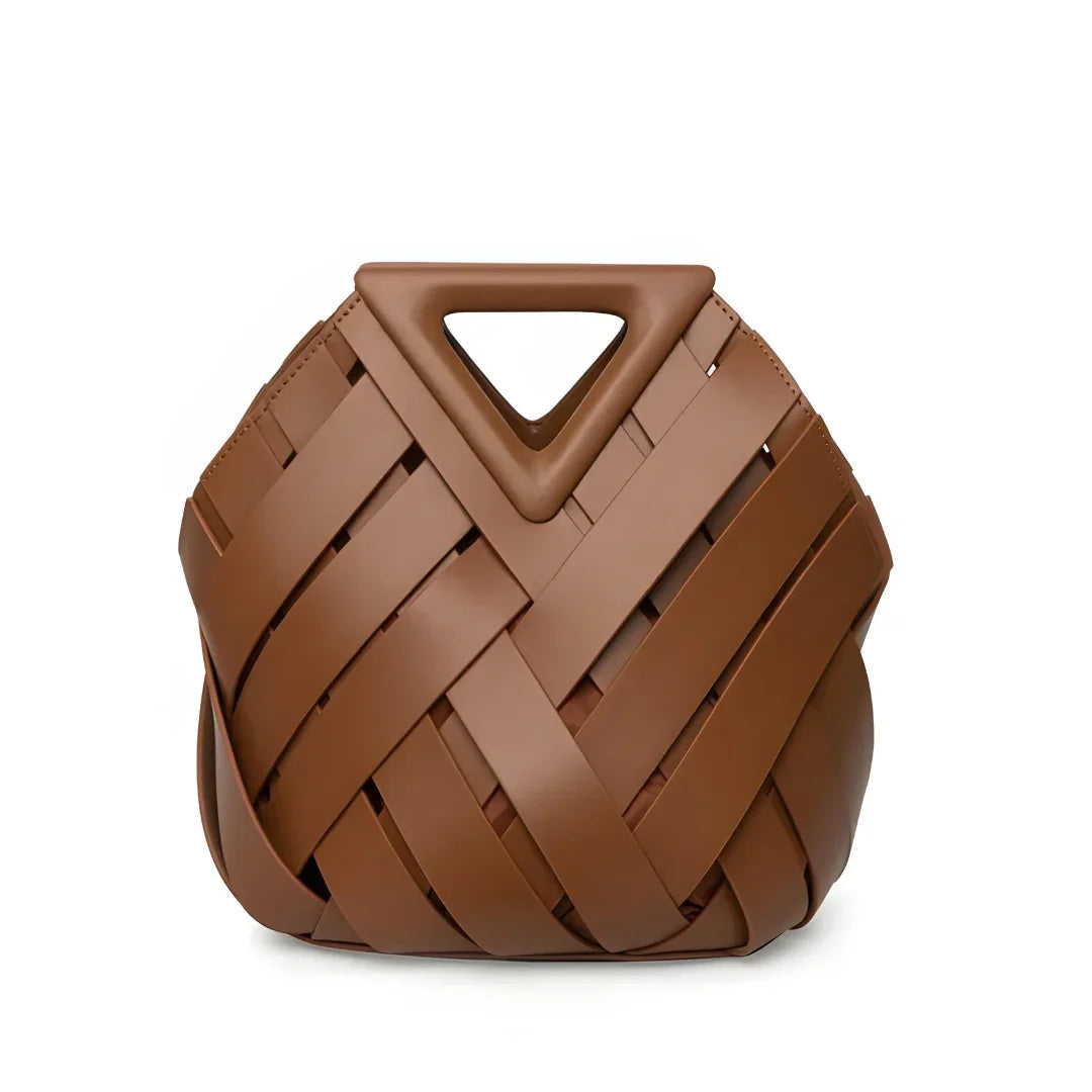 Brown woven leather handbag with geometric triangular handle, modern fashion accessory