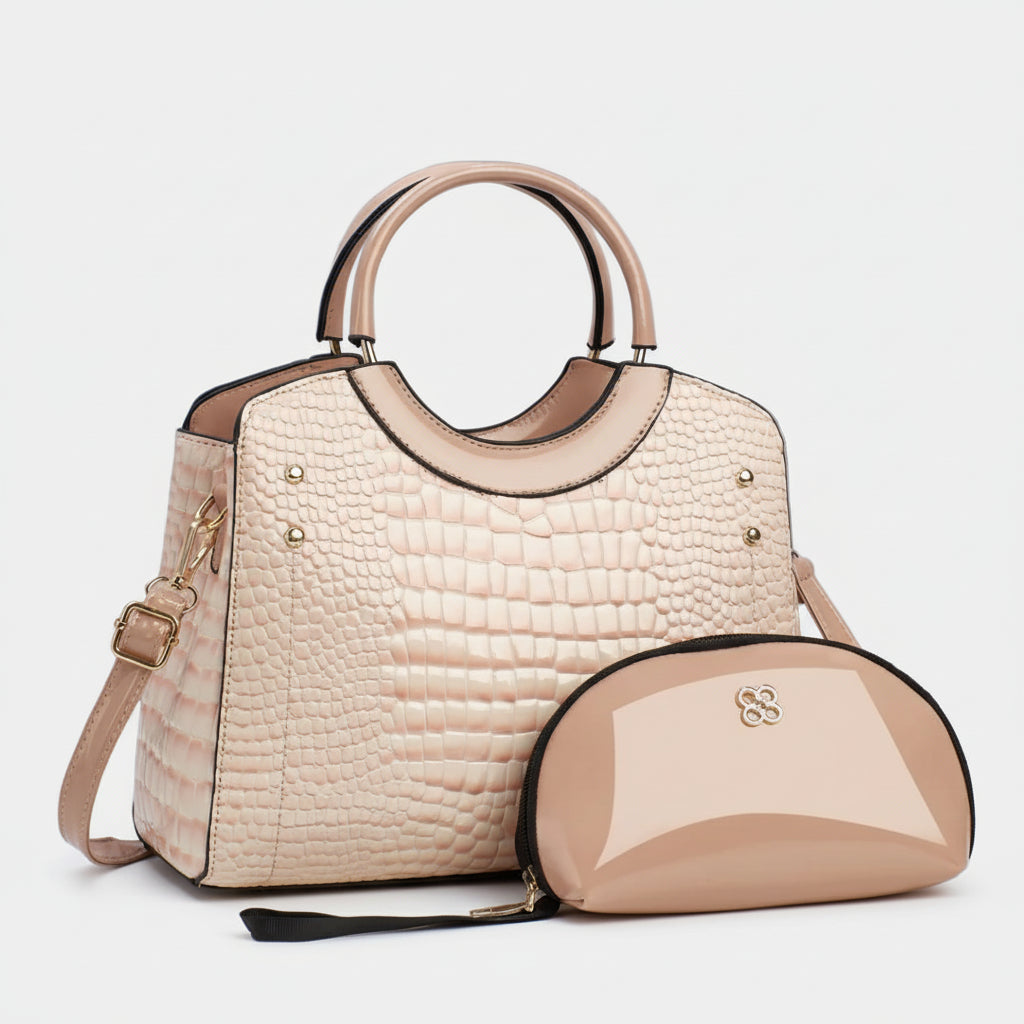 Beige crocodile-embossed handbag with matching glossy beige cosmetic pouch